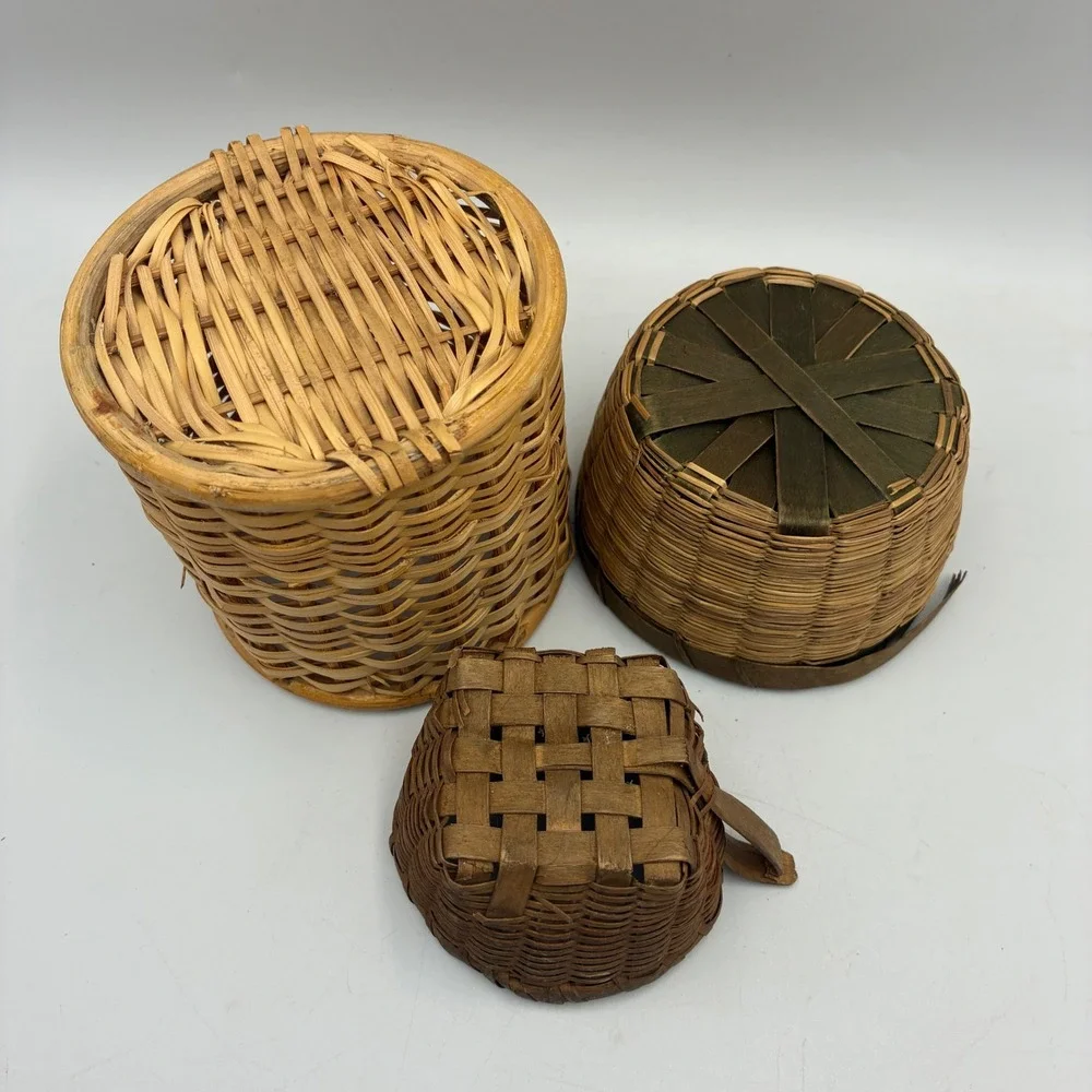 Vintage Woven Baskets Set of 3 Rustic Wicker Wood Farmhouse Decor Multi-Size
